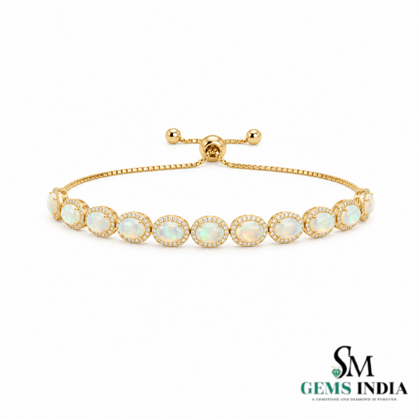 Oval Opal and Diamond Halo Chain Bracelet - Fine Jewelry For Woman