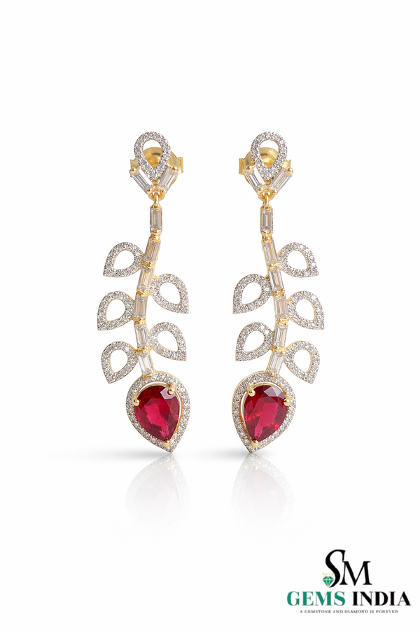 Pear Cut Ruby & Diamond Leaf Drop Earrings - Elegant Ruby Dangle Statement Earrings for Women
