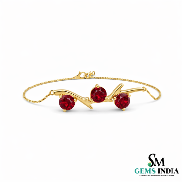 Round Three Stone Ruby Bracelet in Gold - Minimalist July Birthstone Bracelet