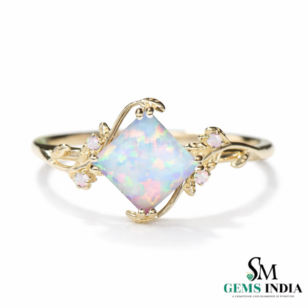 Octagon Cut Opal Ring with Floral Vine Design – Nature Inspired Yellow Gold Opal Ring