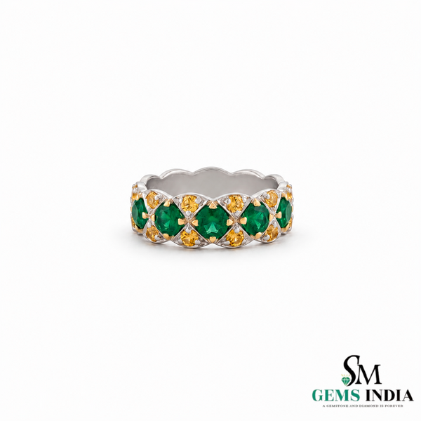 Round Natural Emerald and Citrine Ring - Elegant Gemstone Eternity Band
