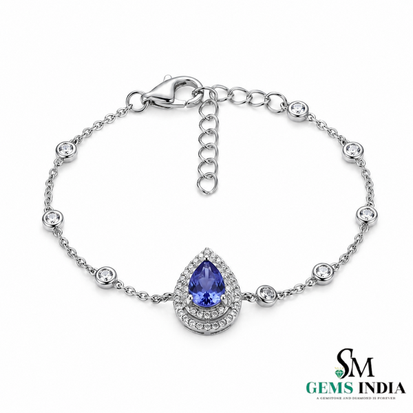 Natural Pear Tanzanite Bracelet with Diamond Halo Fine - Jewelry Gift for Her