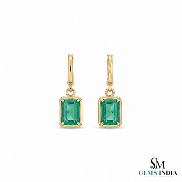 Emerald Cut Natural Emerald 14k Gold Dangle Earrings Diamond Halo Women Earring