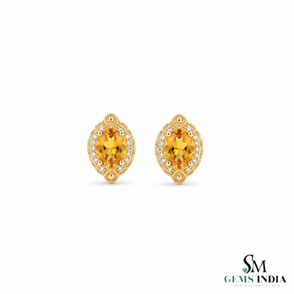 Natural Citrine Oval Stud Earrings With Diamond Halo - Fine Jewelry For Her
