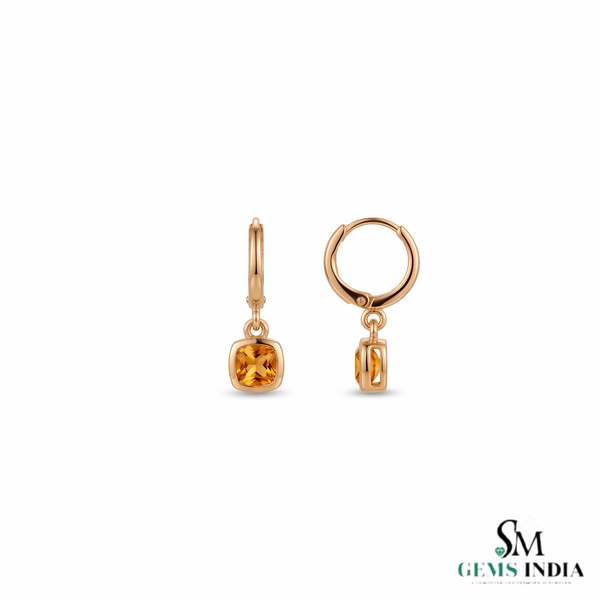 Cushion Cut Citrine Drop Hoop Earrings - Statement Jewelry
