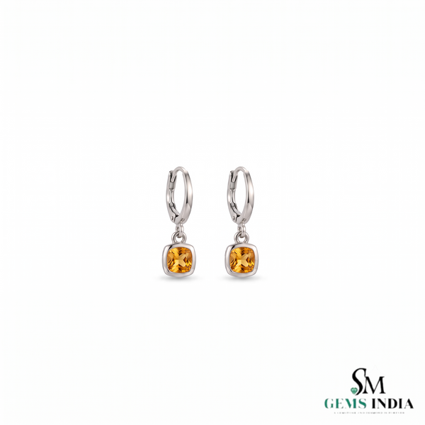 Cushion Cut Citrine Drop Hoop Earrings - Statement Jewelry