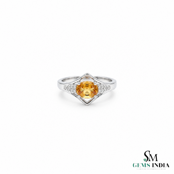 Oval Citrine Diamond Ring In 14K Gold- Statement Ring For Her