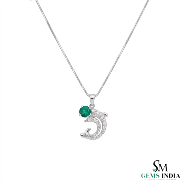 1.10 Carats Natural Emerald and diamond Dolphin Pendant for Womans in 14k Solid Gold
