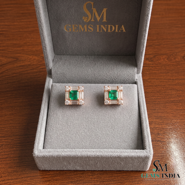 Square shape Natural Emerald Halo Studs with Diamond Accents – Fine Gold Earrings