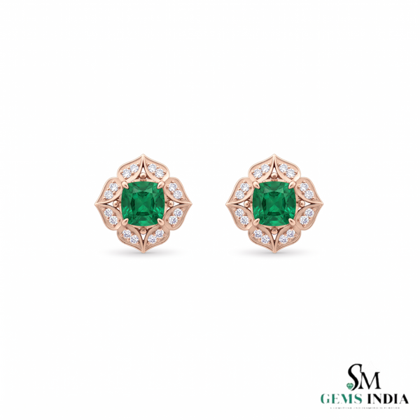 Vintage Floral cushion cutNatural Emerald & Diamond Stud Earrings in 18K Gold