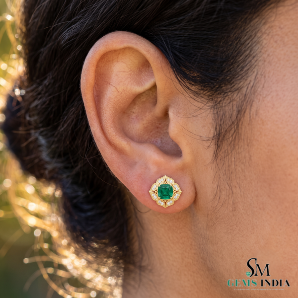 Vintage Floral cushion cutNatural Emerald & Diamond Stud Earrings in 18K Gold