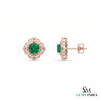 Vintage Floral cushion cutNatural Emerald & Diamond Stud Earrings in 18K Gold