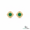 Vintage Floral cushion cutNatural Emerald & Diamond Stud Earrings in 18K Gold