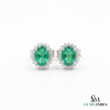 Oval shape Natural Emerald Halo Stud Earrings in 14k Gold with Diamond Accents