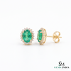 Oval shape Natural Emerald Halo Stud Earrings in 14k Gold with Diamond Accents