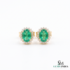Oval shape Natural Emerald Halo Stud Earrings in 14k Gold with Diamond Accents