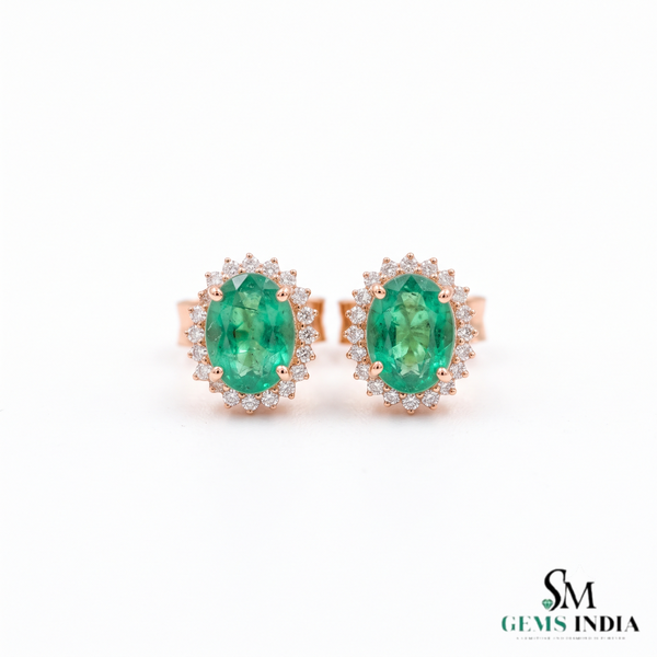 Oval shape Natural Emerald Halo Stud Earrings in 14k Gold with Diamond Accents