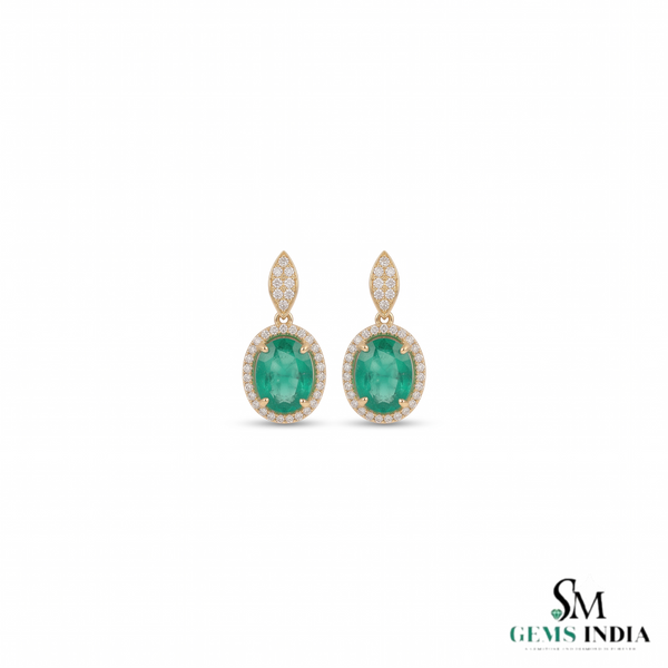 Vintage-Inspired Oval shape Natural Emerald Diamond Halo Earrings