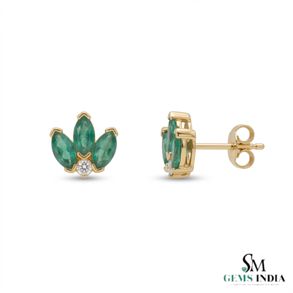Marquise shape Natural EmeraldDiamond Floral Stud Earrings – 14K Gold