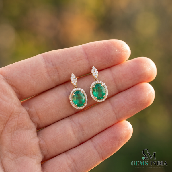 Vintage-Inspired Oval shape Natural Emerald Diamond Halo Earrings