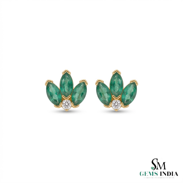 Marquise shape Natural EmeraldDiamond Floral Stud Earrings – 14K Gold