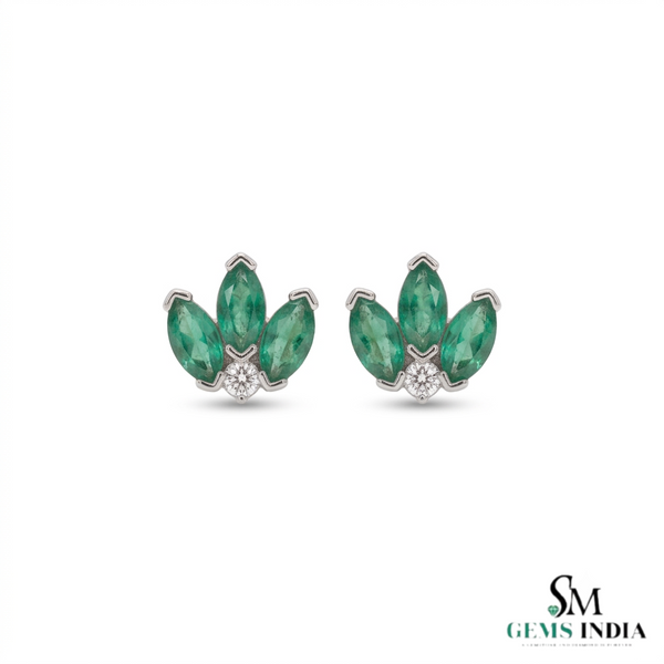 Marquise shape Natural EmeraldDiamond Floral Stud Earrings – 14K Gold