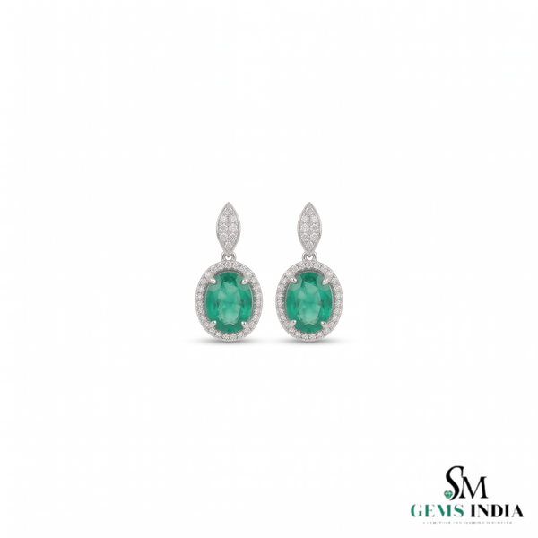 Vintage-Inspired Oval shape Natural Emerald Diamond Halo Earrings