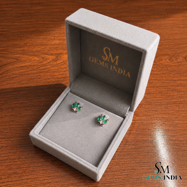 Marquise shape Natural EmeraldDiamond Floral Stud Earrings – 14K Gold