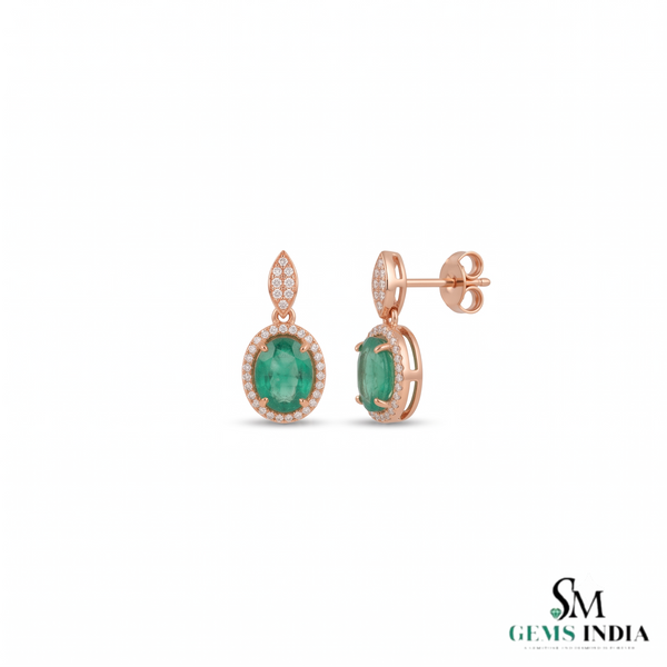 Vintage-Inspired Oval shape Natural Emerald Diamond Halo Earrings