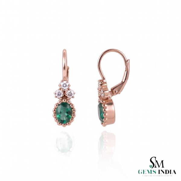 2.10 carat Oval Natural Emerald Dangle Earrings with Diamond Cluster 14K Gold Gift for Her