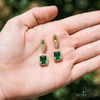 Royal Emerald cut Natural Emerald Halo Drops Earring– 14K Gold Dangle Elegance
