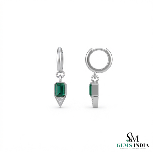 Emerald cut Natural Emerald Green Stone Dangle Earrings Diamond Accent Dangles
