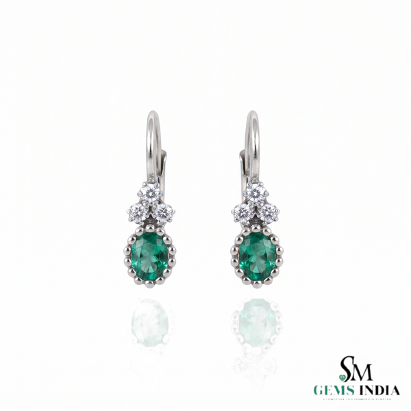 2.10 carat Oval Natural Emerald Dangle Earrings with Diamond Cluster 14K Gold Gift for Her