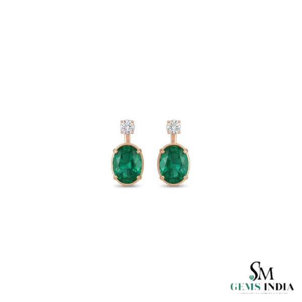 2.50 carat Oval shape Natural Emerald and Diamond Stud Earrings in 14k Gold