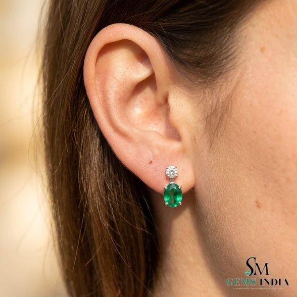 2.50 carat Oval shape Natural Emerald and Diamond Stud Earrings in 14k Gold
