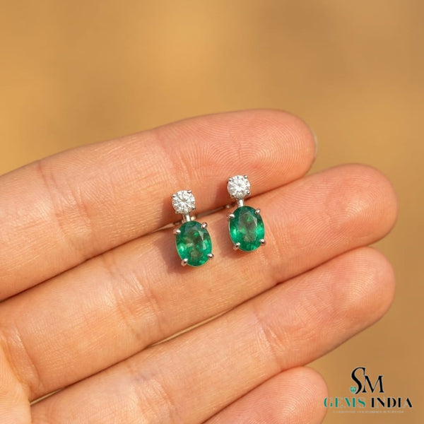 2.50 carat Oval shape Natural Emerald and Diamond Stud Earrings in 14k Gold