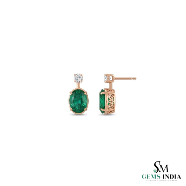 2.50 carat Oval shape Natural Emerald and Diamond Stud Earrings in 14k Gold