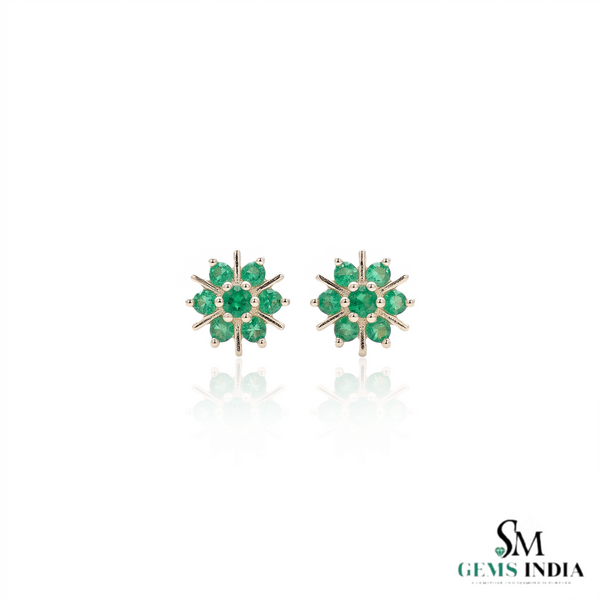 Natural Emerald Floral Starburst Stud Earrings in 14K Gold Earrings in 14k Solid Gold