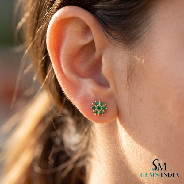 Natural Emerald Floral Starburst Stud Earrings in 14K Gold Earrings in 14k Solid Gold