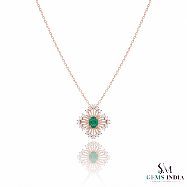 Radiant Oval Natural Emerald & Diamond Sunburst Pendant Diamond Burst Design