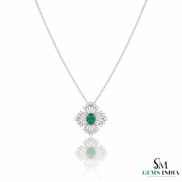 Radiant Oval Natural Emerald & Diamond Sunburst Pendant Diamond Burst Design