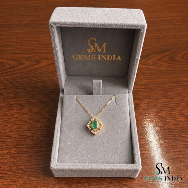 Radiant Oval Natural Emerald & Diamond Sunburst Pendant Diamond Burst Design