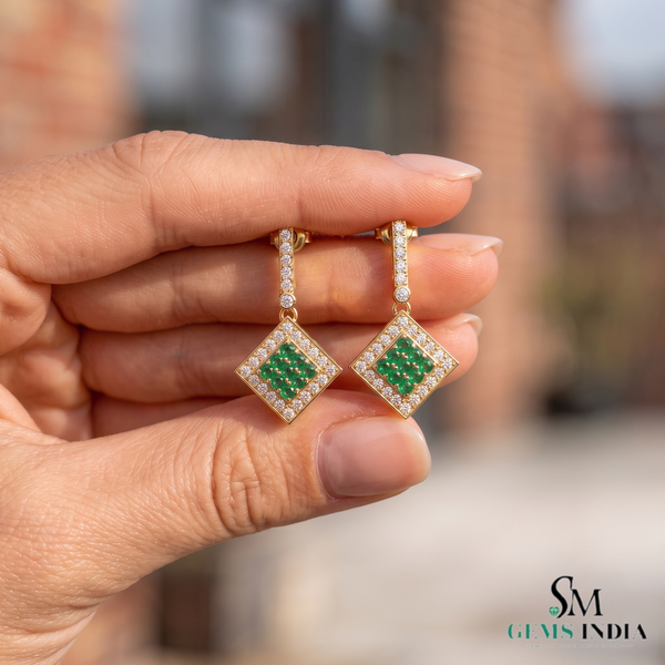 1.10 carat Round Natural Emerald Cluster Earrings with Diamond Halo Gold Contemporary Square Design