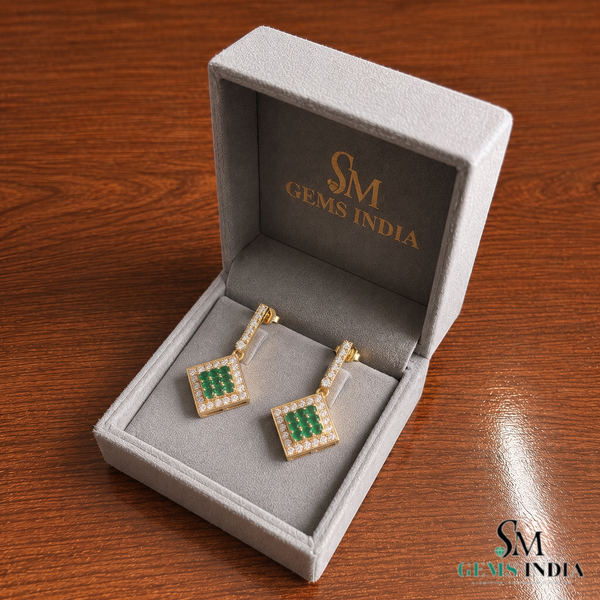 1.10 carat Round Natural Emerald Cluster Earrings with Diamond Halo Gold Contemporary Square Design