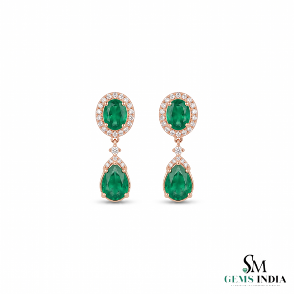 Natural Emerald Diamond Dangle Earrings: 18K Gold Pear Oval Green Gemstone Jewelry