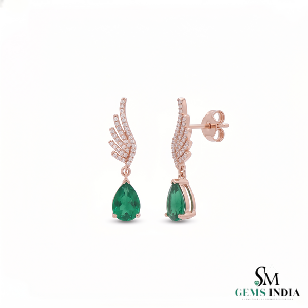 Pear shape Natural Emerald Wing Drop Earrings with Diamond Accents in 14k Gold