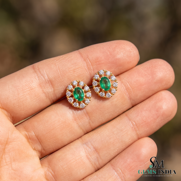Oval Natural Emerald Stud Earrings 14k Gold Diamond Halo Earrings