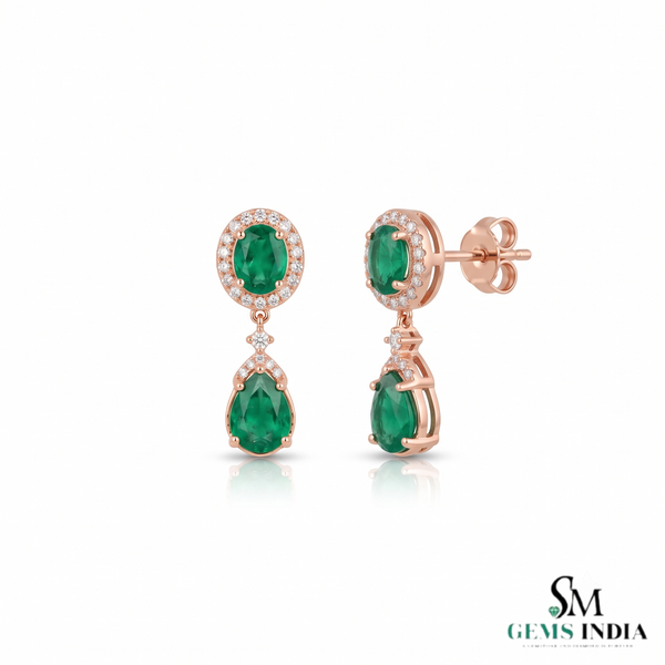 Natural Emerald Diamond Dangle Earrings: 18K Gold Pear Oval Green Gemstone Jewelry