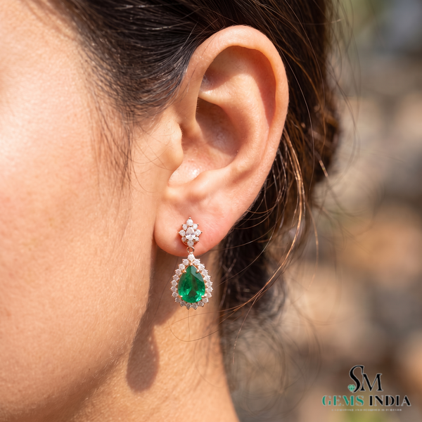Exquisite Pear Cut Natural Emerald Dangle Earrings with Diamond Halo for Special Occasions
