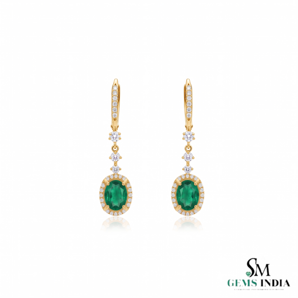 Gold Drop Earrings with Oval Natural Emerald and Diamond Accents Fine Gold Jewelry